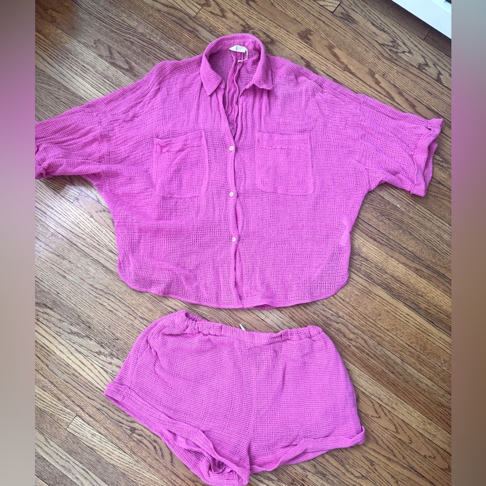 Urban Outfitters Out From Under Pink Crochet Top & Shorts Set, Cover Up, Lounge
